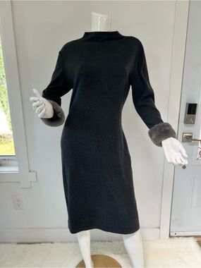 Hot Renfrew Charcoal Midi Dress with Fur Cuffs Vintage Made in USA
